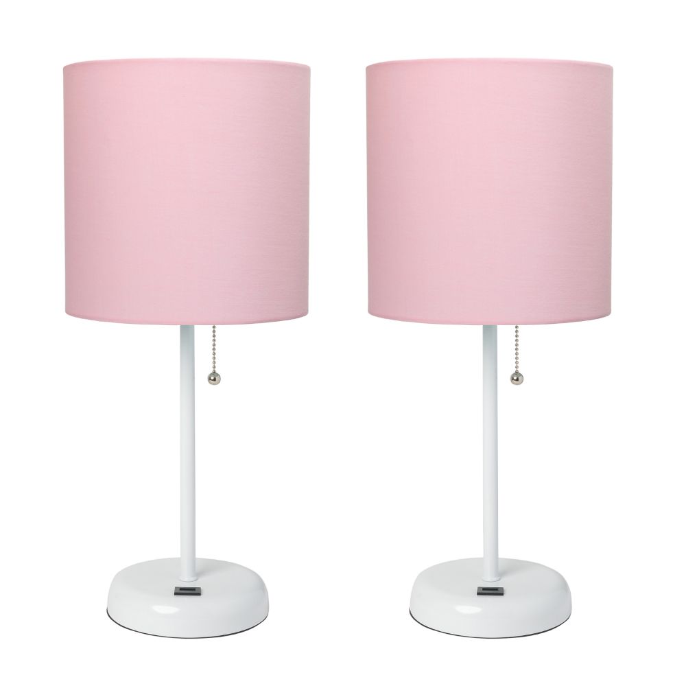 All the Rages LC2002-POW-2PK LimeLights White Stick Lamp with USB charging port and Fabric Shade 2 Pack Set, Light Pink