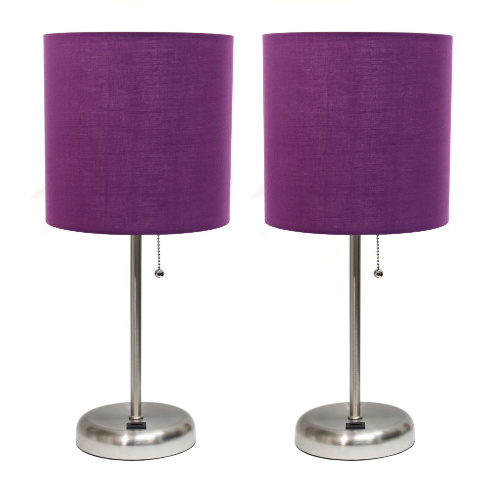 All the Rages LC2002-PRP-2PK LimeLights Brushed Steel Stick Lamp with USB charging port and Fabric Shade 2 Pack Set, Purple