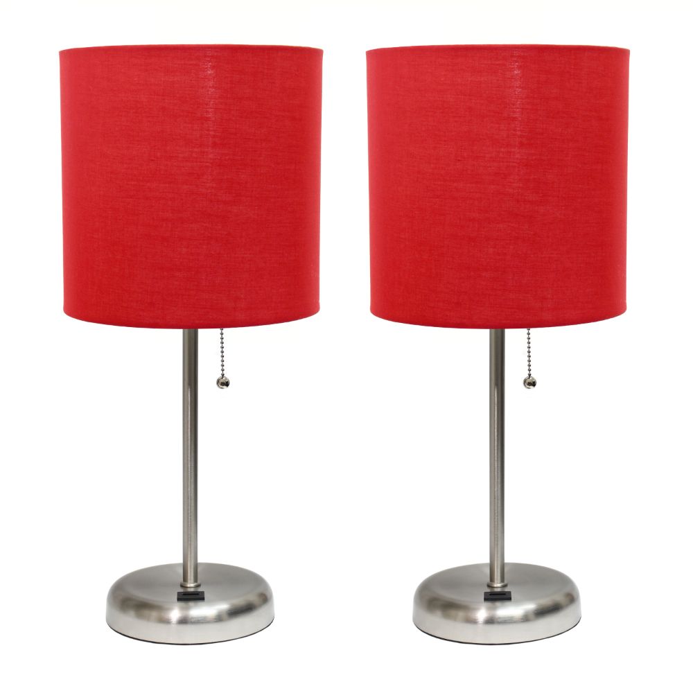 All the Rages LC2002-RED-2PK LimeLights Brushed Steel Stick Lamp with USB charging port and Fabric Shade 2 Pack Set, Red