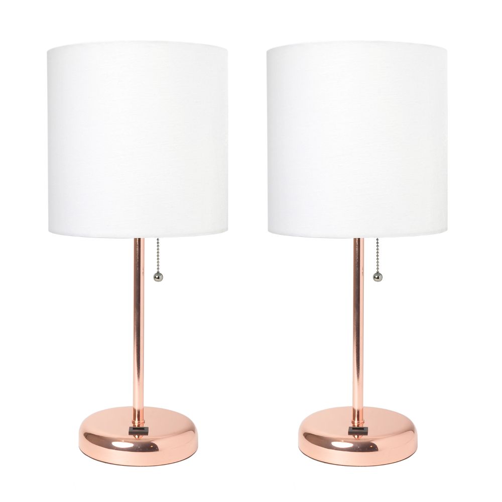 All the Rages LC2002-RGD-2PK LimeLights Rose Gold Stick Lamp with USB charging port and Fabric Shade 2 Pack Set, White
