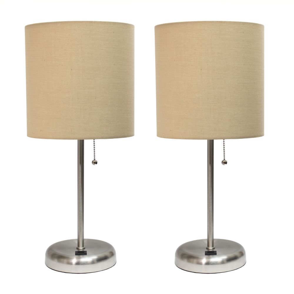 All the Rages LC2002-TAN-2PK LimeLights Brushed Steel Stick Lamp with USB charging port and Fabric Shade 2 Pack Set, Tan