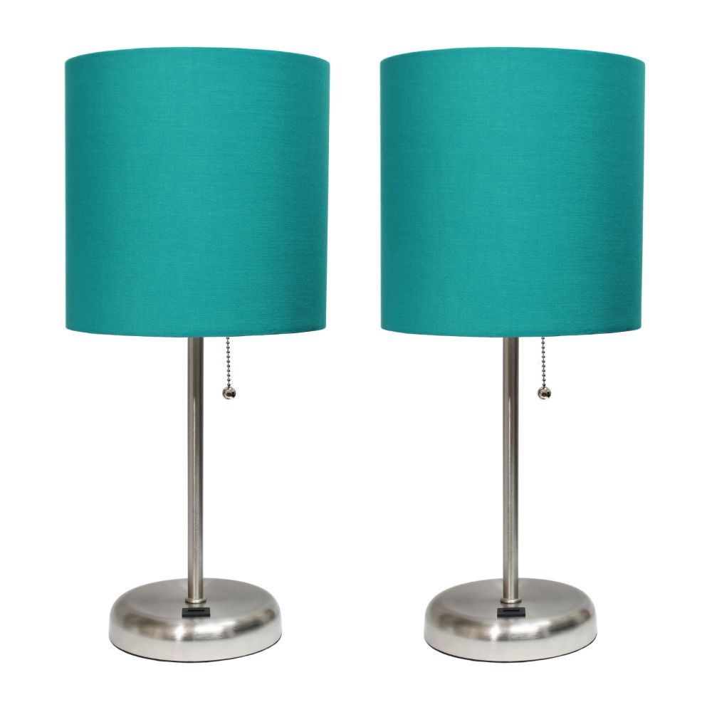 All the Rages LC2002-TEL-2PK LimeLights Brushed Steel Stick Lamp with USB charging port and Fabric Shade 2 Pack Set, Teal