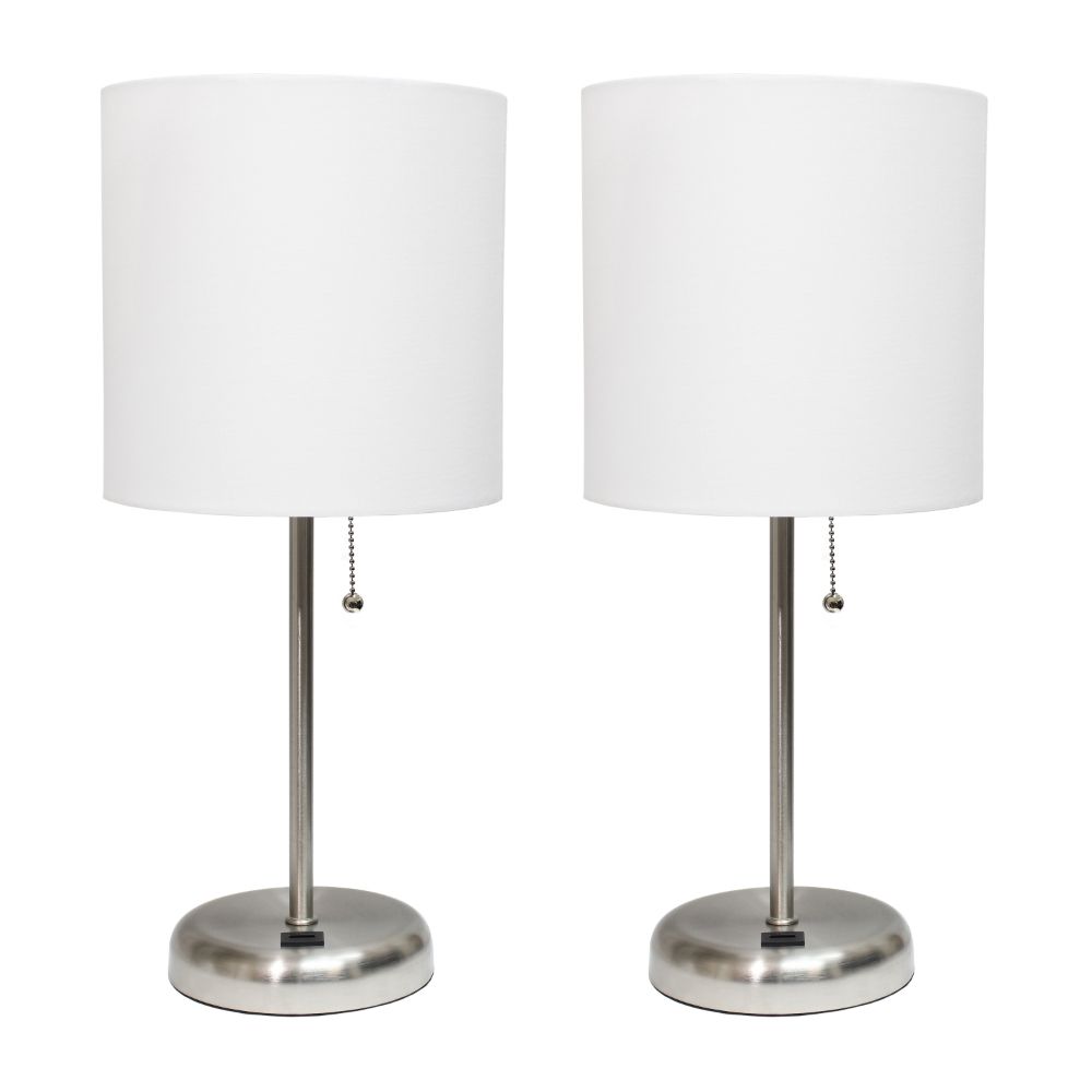 All the Rages LC2002-WHT-2PK LimeLights Brushed Steel Stick Lamp with USB charging port and Fabric Shade 2 Pack Set, White