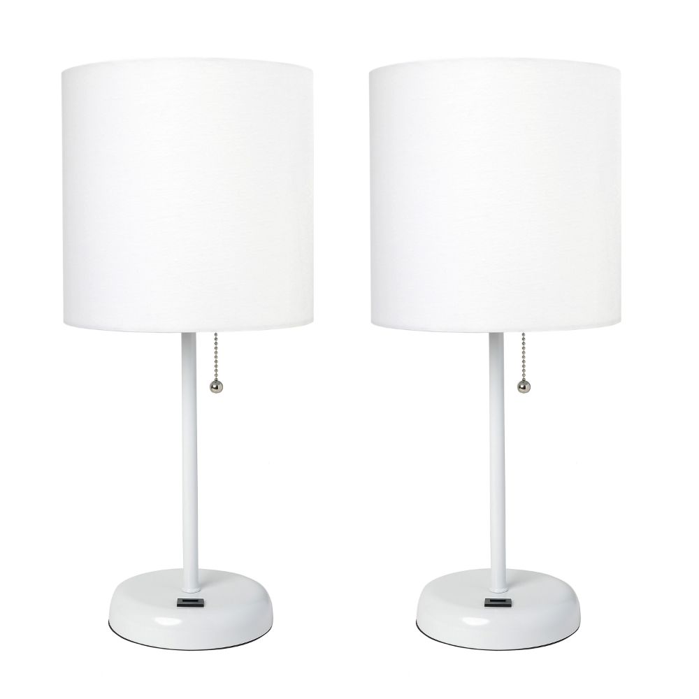 All the Rages LC2002-WOW-2PK LimeLights White Stick Lamp with USB charging port and Fabric Shade 2 Pack Set, White