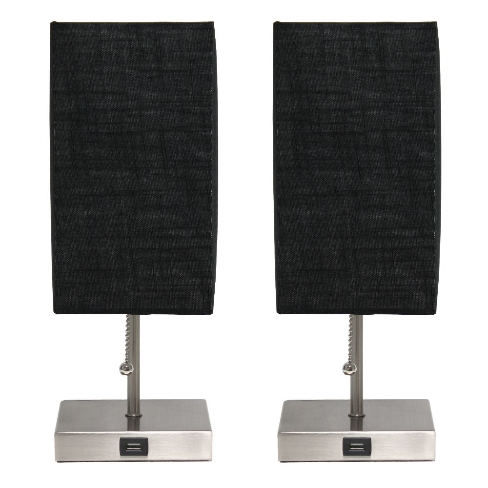 All The Rages LC2003-BLK-2PK Simple Designs Petite Stick Lamp with USB Charging Port and Fabric Shade 2 Pack Set in Black / Brushed Nickel Base