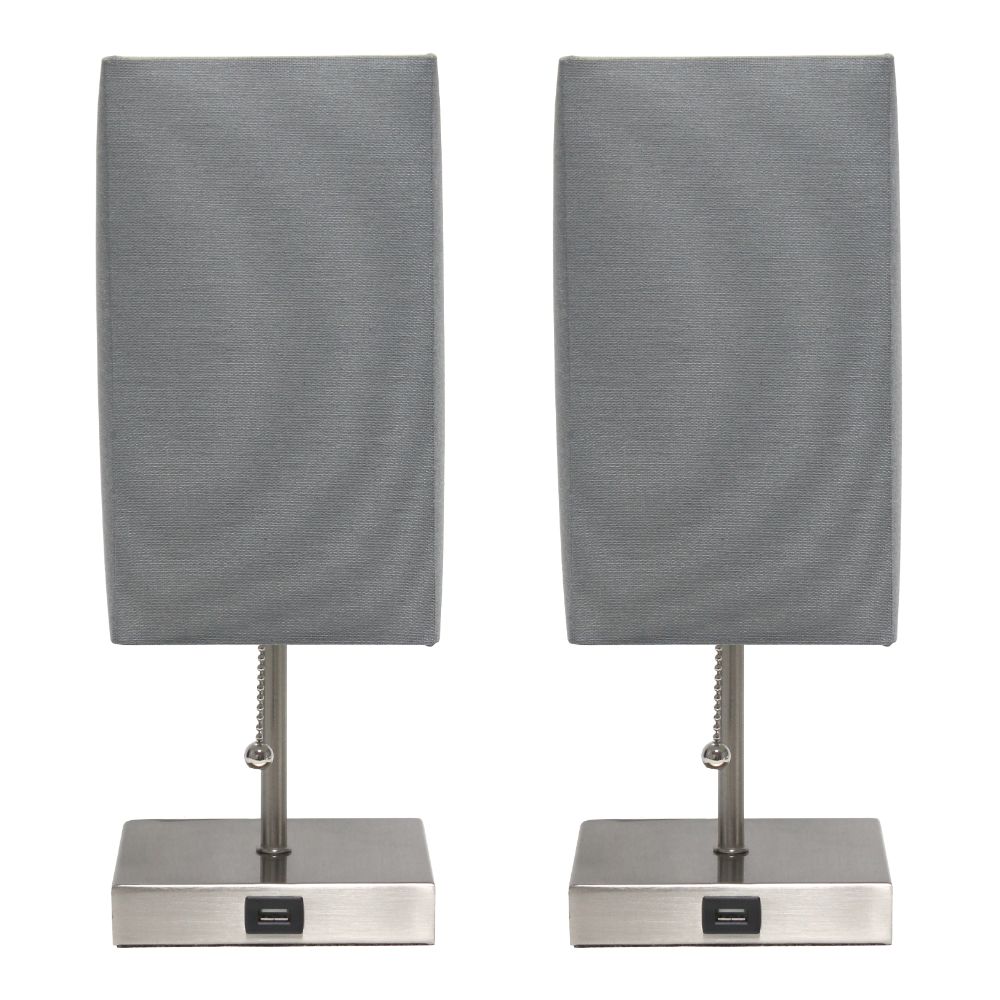 All The Rages LC2003-GRY-2PK Simple Designs Petite Stick Lamp with USB Charging Port and Fabric Shade 2 Pack Set in Gray / Brushed Nickel Base