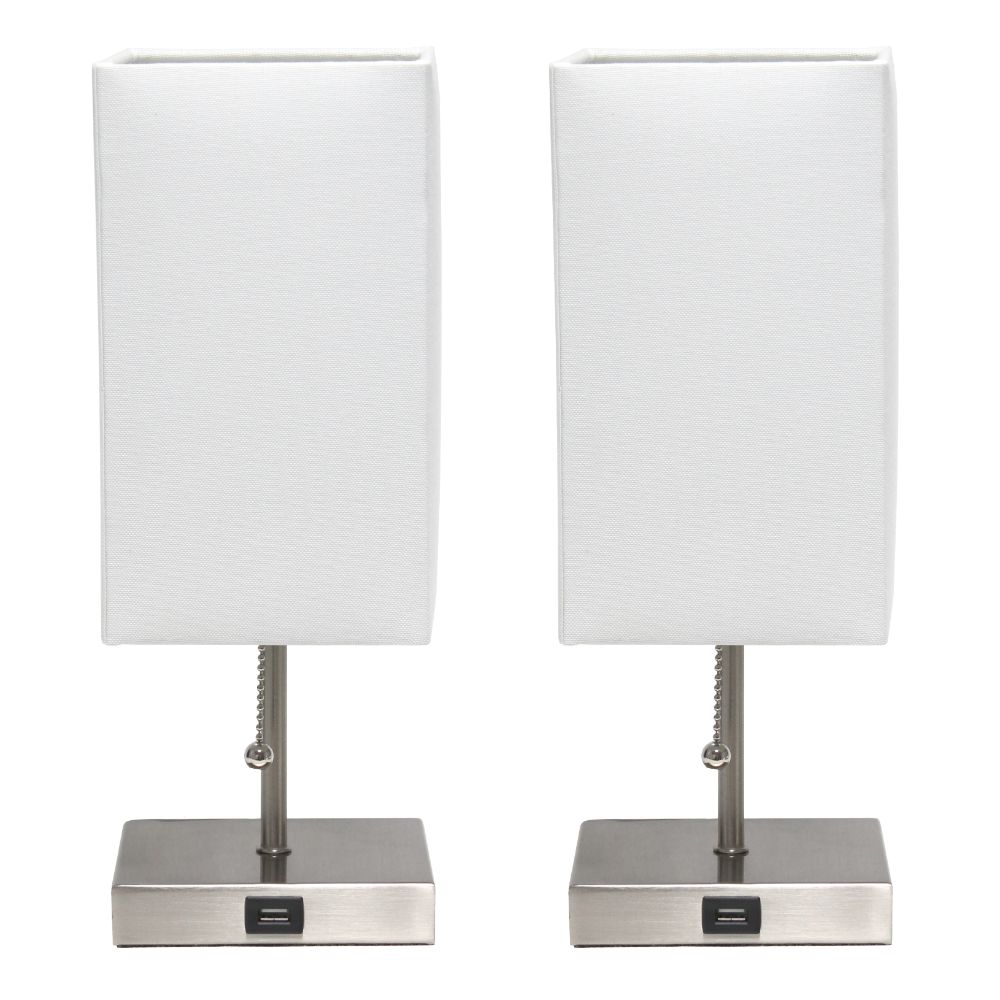 All The Rages LC2003-WHT-2PK Simple Designs Petite Stick Lamp with USB Charging Port and Fabric Shade 2 Pack Set in White / Brushed Nickel Base