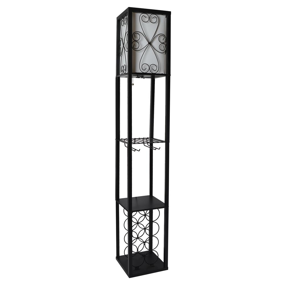 All The Rages LF1015-BLK Simple Designs Floor Lamp Etagere Organizer Storage Shelf and Wine Rack with Linen Shade 
