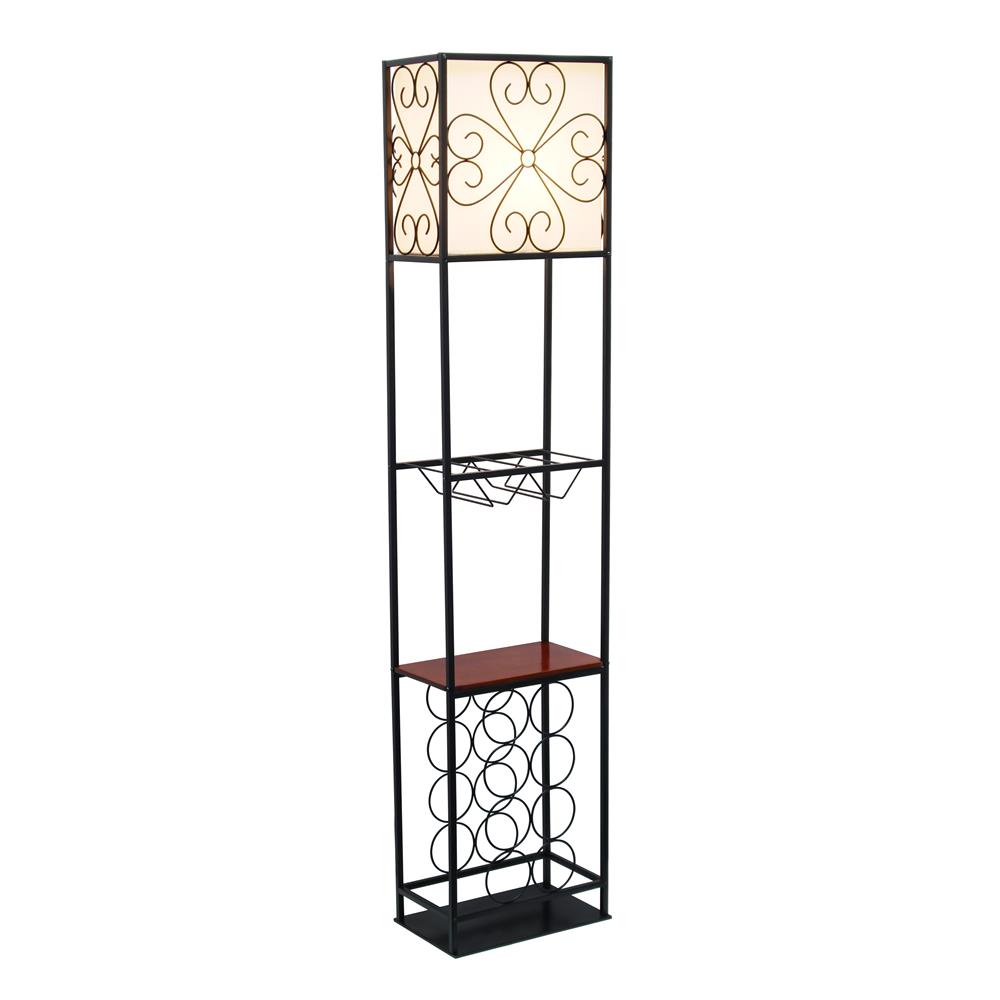 All The Rage LF1021-BLK Elegant Designs Etagere Organizer Wood Accented Storage Shelf and Wine Rack with Linen Shade Floor Lamp, Black