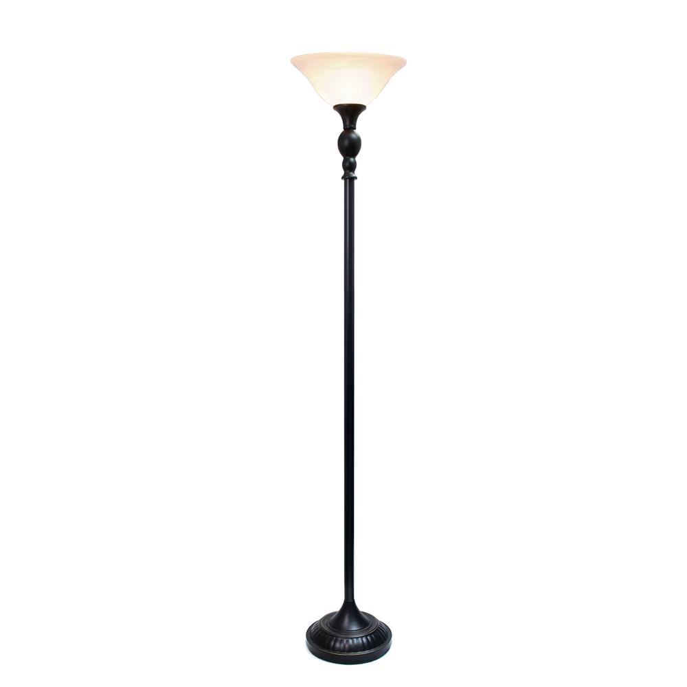 All The Rage LF2001-RBW Elegant Designs 1 Light Torchiere Floor Lamp with Marbelized White Glass Shade, Restoration Bronze and White