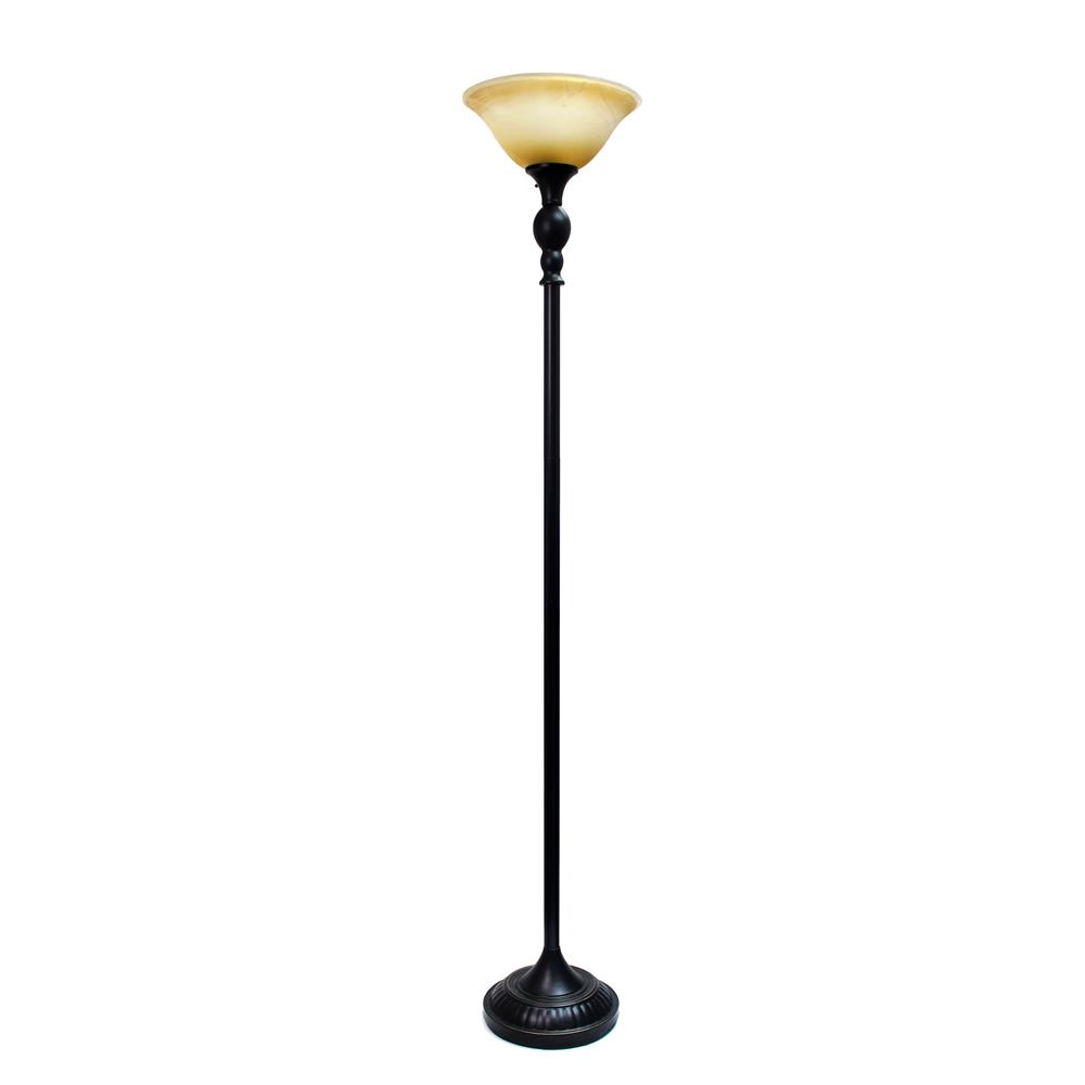 All the Rages LF2001-RBZ Elegant Designs 1 Light Torchiere Floor Lamp with Marbelized Amber Glass Shade, Restoration Bronze