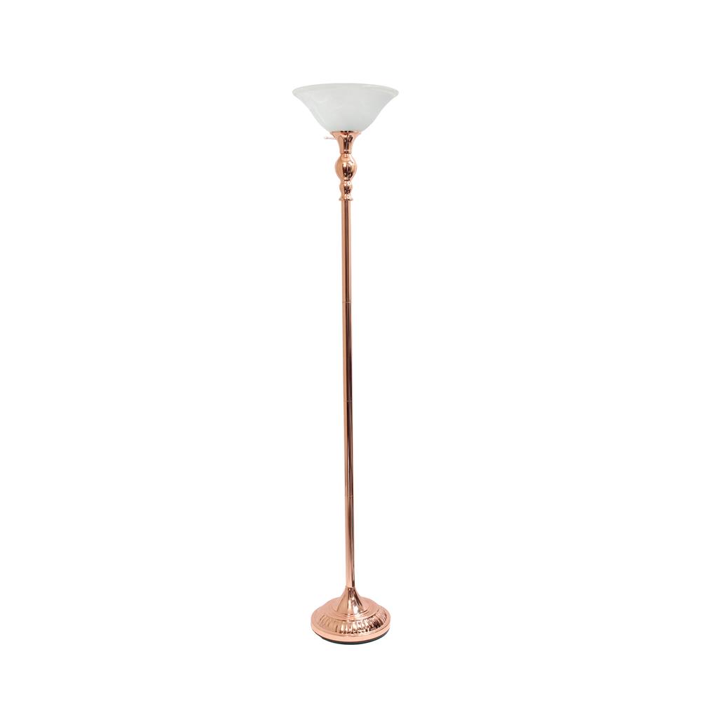 All The Rages LF2001-RGD Elegant Designs 1 Light Torchiere Floor Lamp with Marbleized White Glass Shade, Rose Gold