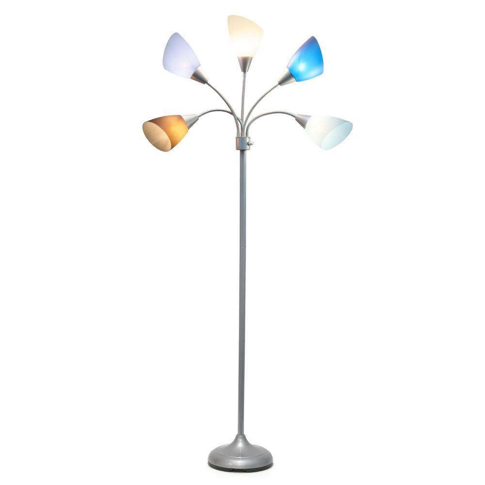 All The Rages LF2006-SBG 67" Contemporary Multi Head Medusa 5 Light Adjustable Gooseneck Silver Floor Lamp with Blue, White, Gray Shades for Kids Bedroom Playroom Living Room Office