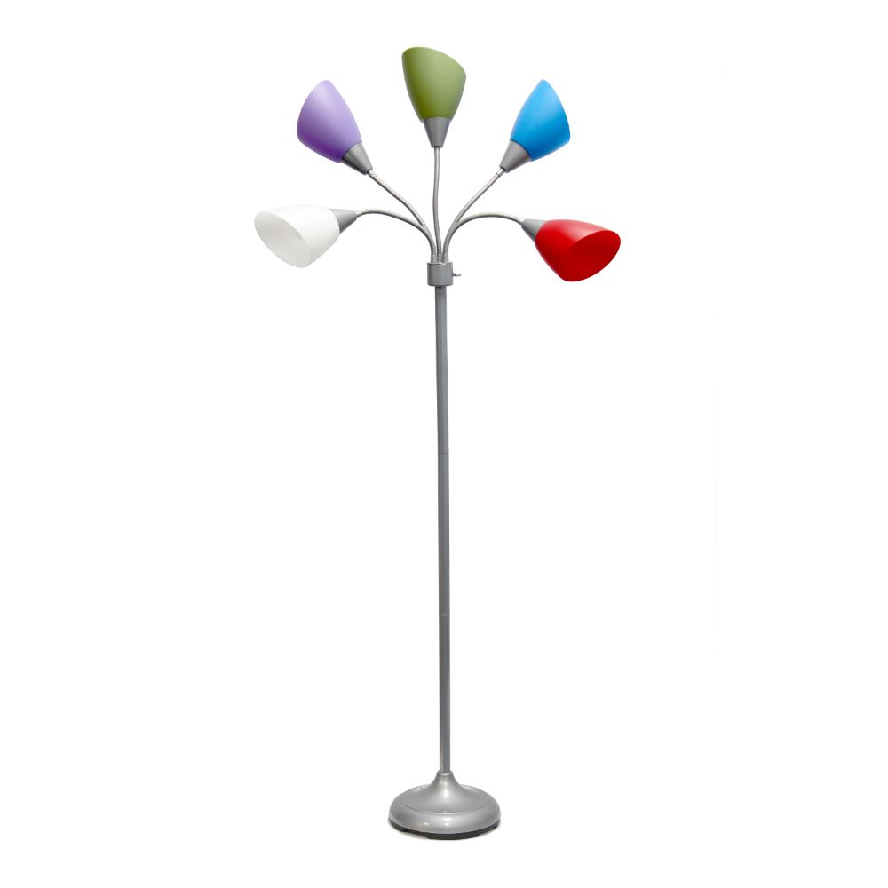 All The Rages LF2006-SDM N/A Simple Designs 5 Light Adjustable Gooseneck Silver Floor Lamp with Primary Multicolored Shades