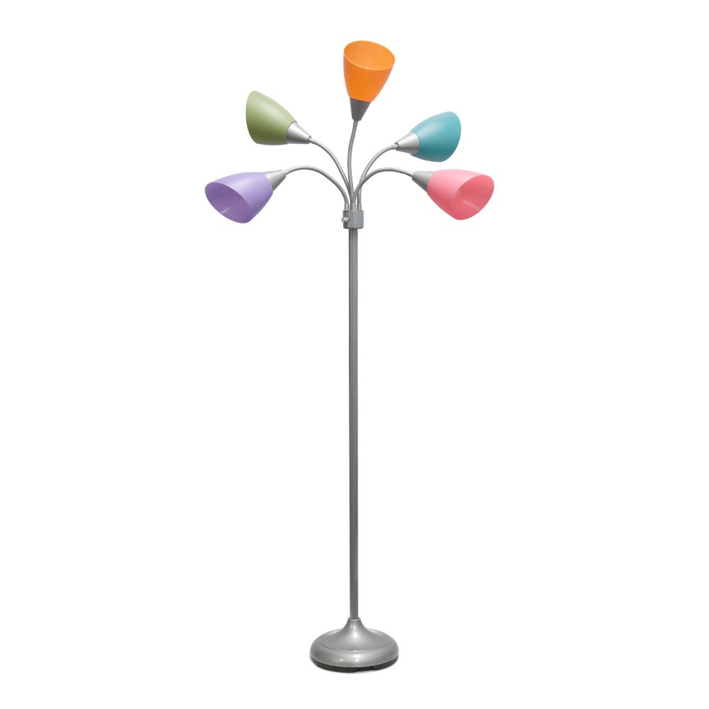 All The Rages LF2006-SLM N/A Simple Designs 5 Light Adjustable Gooseneck Silver Floor Lamp with Fun Multicolored Shades