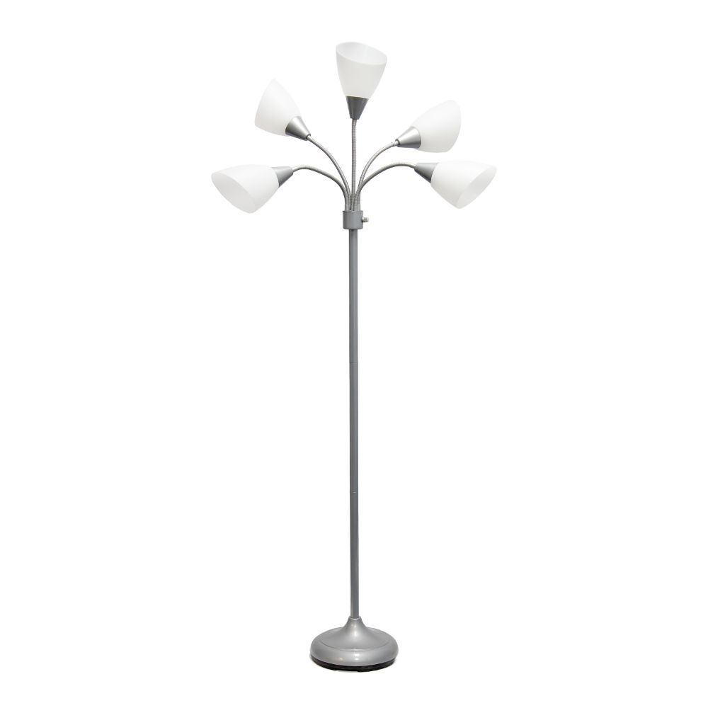 All The Rages LF2006-SVW N/A Simple Designs 5 Light Adjustable Gooseneck Silver Floor Lamp with White Shades
