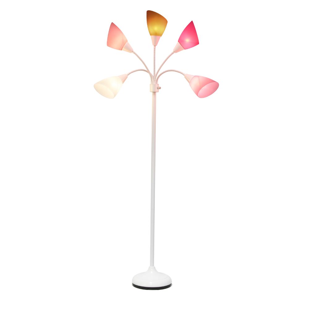 All The Rages LF2006-WPG 67" Contemporary Multi Head Medusa 5 Light Adjustable Gooseneck White Floor Lamp with Pink, White, Gray Shades for Kids Bedroom Playroom Living Room Office