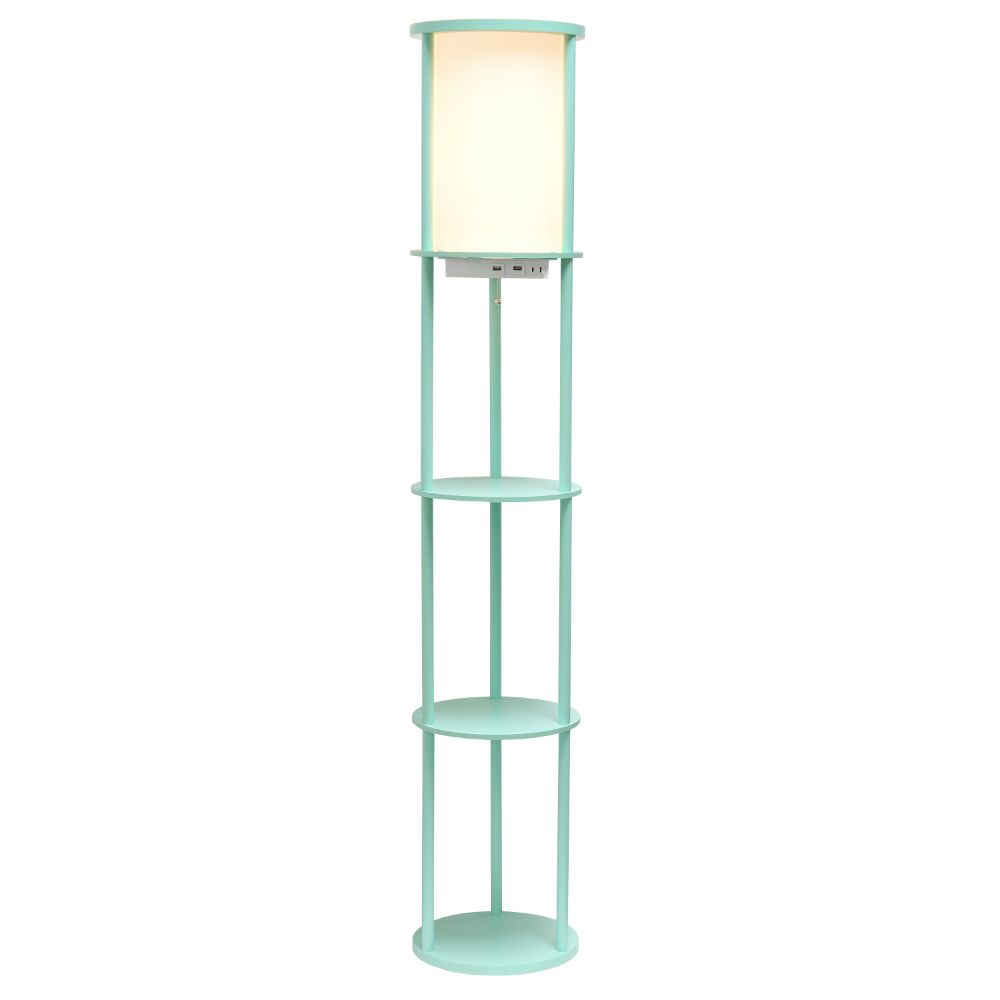 All The Rages LF2010-AQU 62.5" Round Modern Shelf Etagere Organizer Storage Floor Lamp with 2 USB Charging Ports, 1 Charging Outlet and Linen Shade for Living Room Bedroom Office, Aqua