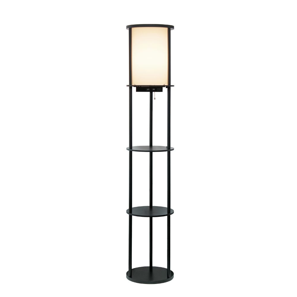 All The Rages LF2010-BLK 62.5" Round Modern Shelf Etagere Organizer Storage Floor Lamp with 2 USB Charging Ports, 1 Charging Outlet and Linen Shade for Living Room Bedroom Office, Black