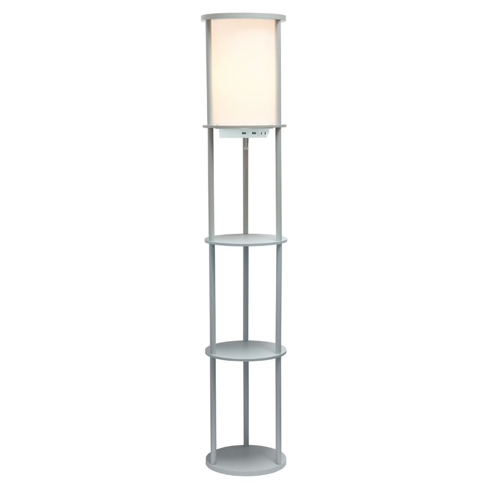 All The Rages LF2010-GRY 62.5" Round Modern Shelf Etagere Organizer Storage Floor Lamp with 2 USB Charging Ports, 1 Charging Outlet and Linen Shade for Living Room Bedroom Office, Gray