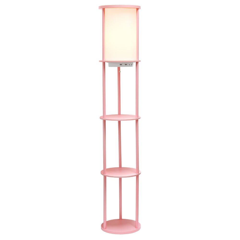 All The Rages LF2010-LPK 62.5" Round Modern Shelf Etagere Organizer Storage Floor Lamp with 2 USB Charging Ports, 1 Charging Outlet and Linen Shade for Living Room Bedroom Office, Light Pink