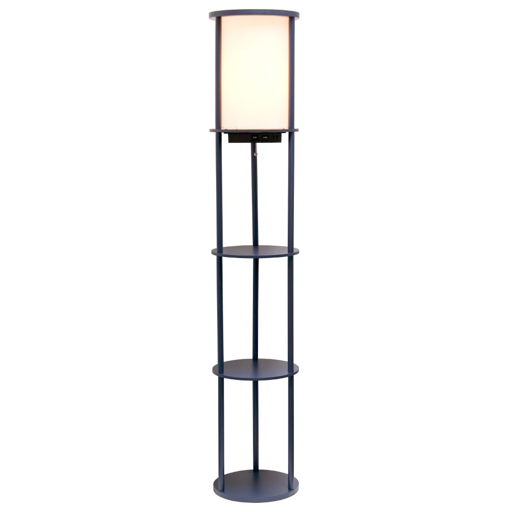All The Rages LF2010-NAV 62.5" Round Modern Shelf Etagere Organizer Storage Floor Lamp with 2 USB Charging Ports, 1 Charging Outlet and Linen Shade for Living Room Bedroom Office, Navy