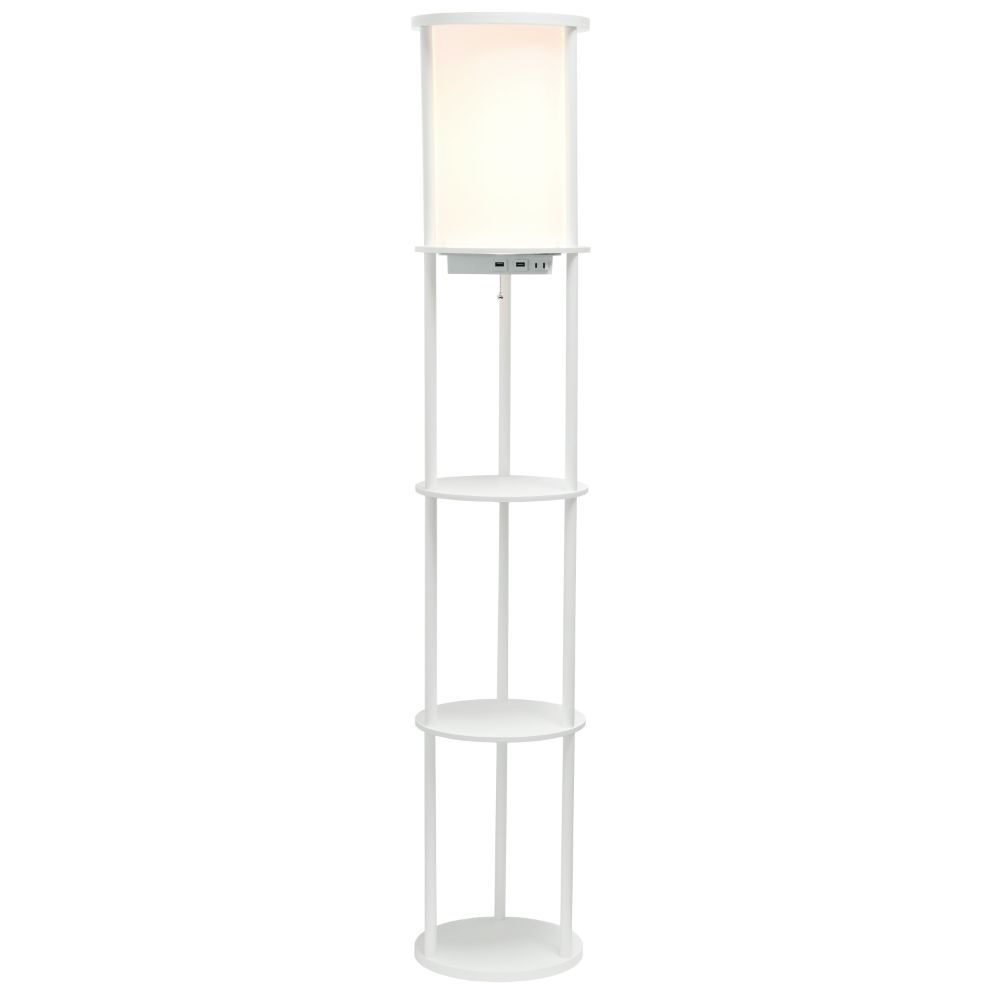 All The Rages LF2010-WHT 62.5" Round Modern Shelf Etagere Organizer Storage Floor Lamp with 2 USB Charging Ports, 1 Charging Outlet and Linen Shade for Living Room Bedroom Office, White