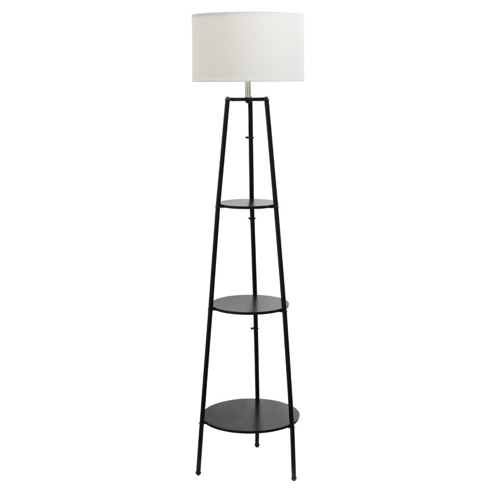 All The Rages LF2015-BLK Simple Designs 62.5" Tall Modern Tripod 3 Tier Shelf Standing Floor Lamp with White Drum Fabric Shade 