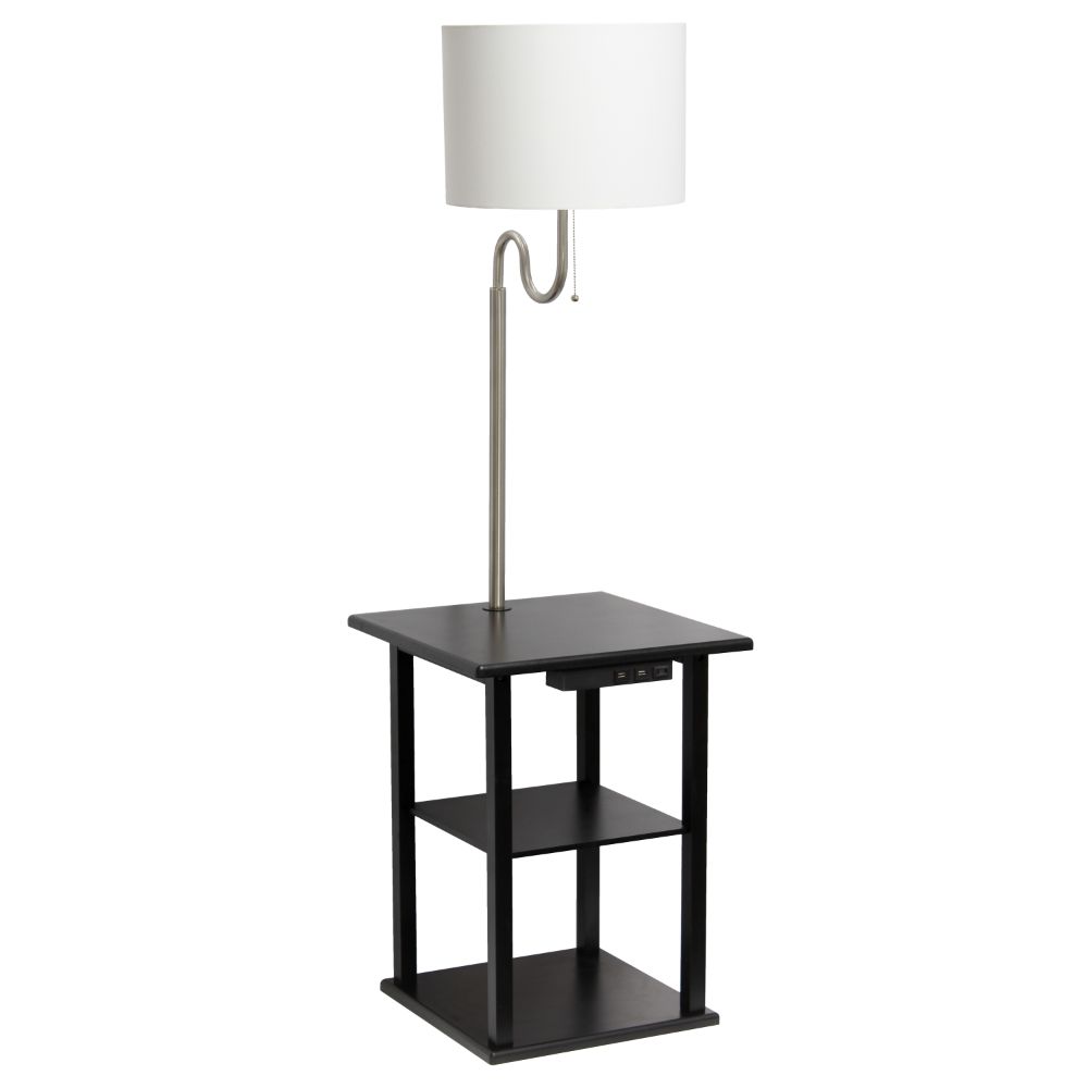 All The Rages LF2016-BLK Simple Designs 57" Modern 2 Tier End Table Floor Lamp Combination with 2 x USB Charging Ports & Power Outlet with White Drum Fabric Shade 