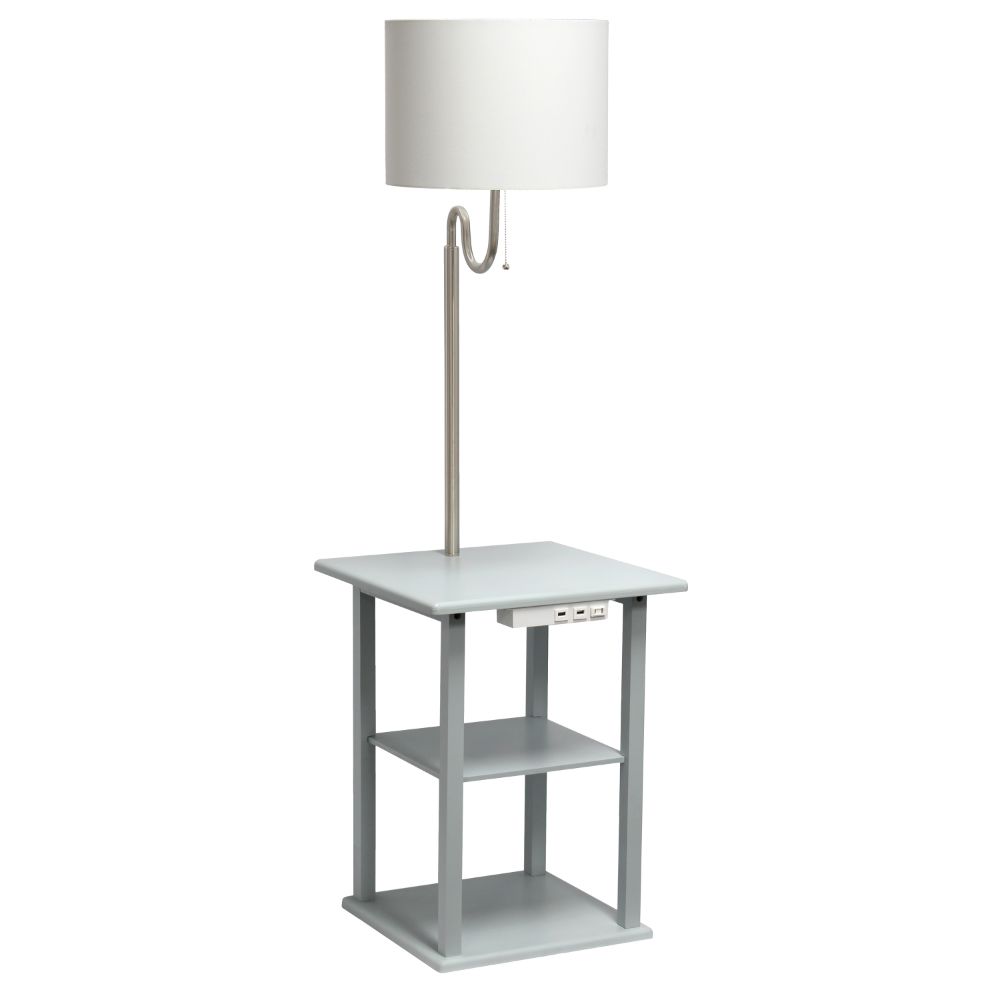 All The Rages LF2016-GRY Simple Designs 57" Modern 2 Tier End Table Floor Lamp Combination with 2 x USB Charging Ports & Power Outlet with White Drum Fabric Shade 