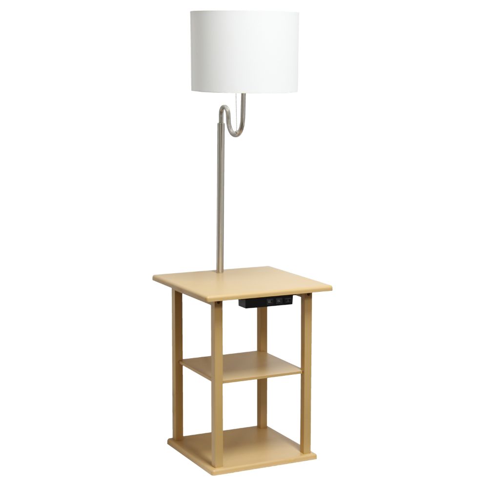 All The Rages LF2016-TAN Simple Designs 57" Modern 2 Tier End Table Floor Lamp Combination with 2 x USB Charging Ports & Power Outlet with White Drum Fabric Shade 