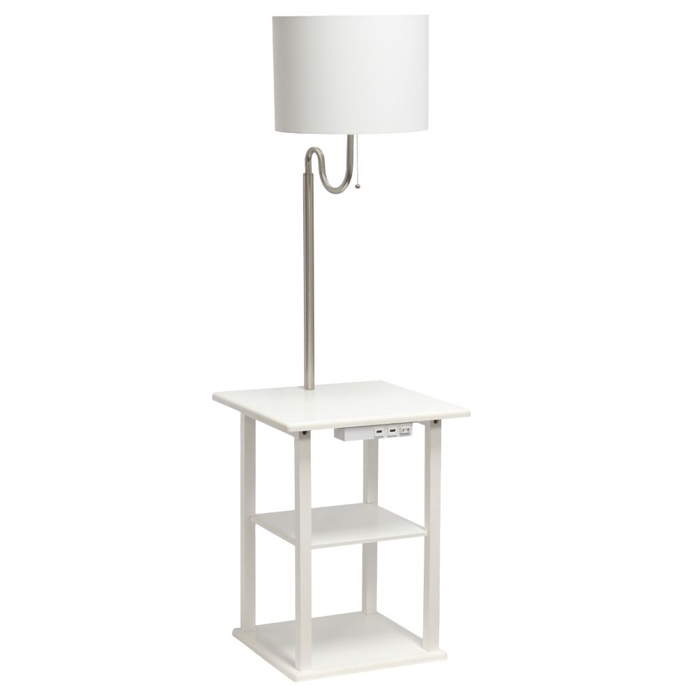 All The Rages LF2016-WHT Simple Designs 57" Modern 2 Tier End Table Floor Lamp Combination with 2 x USB Charging Ports & Power Outlet with White Drum Fabric Shade 