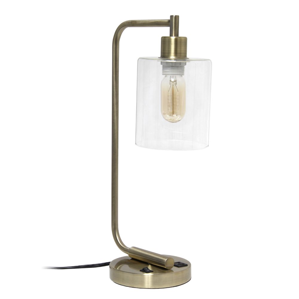 All The Rages LHD-2002-AB Lalia Home Modern Iron Desk Lamp with USB Port and Glass Shade, Antique Brass