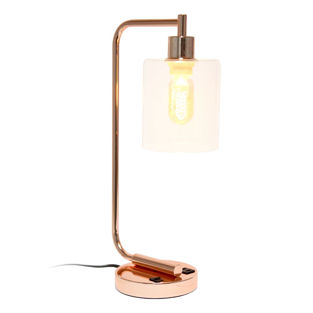 All The Rages LHD-2002-RG Lalia Home Modern Iron Desk Lamp with USB Port and Glass Shade, Rose Gold