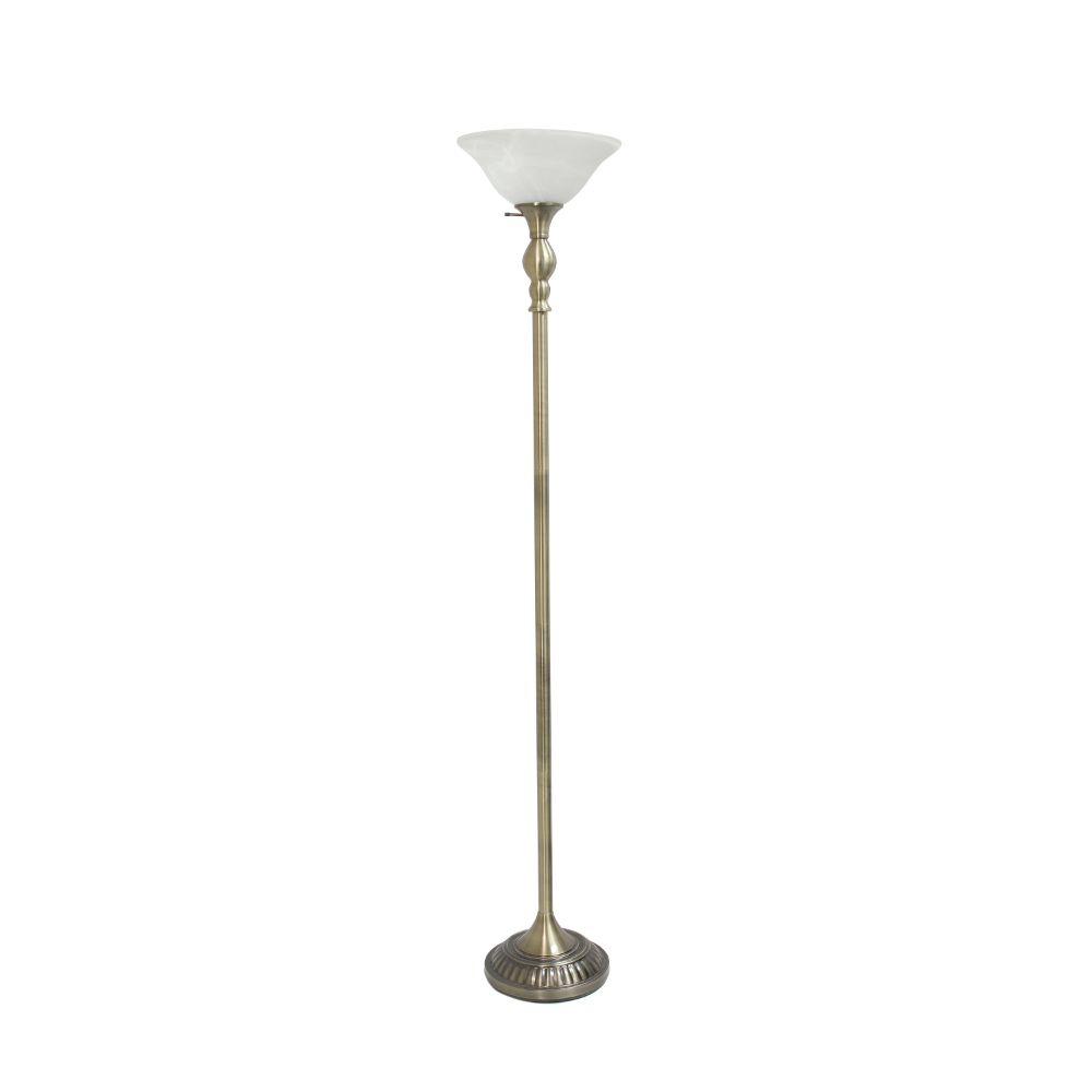 All The Rages LHF-3001-AB Lalia Home Classic 1 Light Torchiere Floor Lamp with Marbleized Glass Shade in Antique Brass / White
