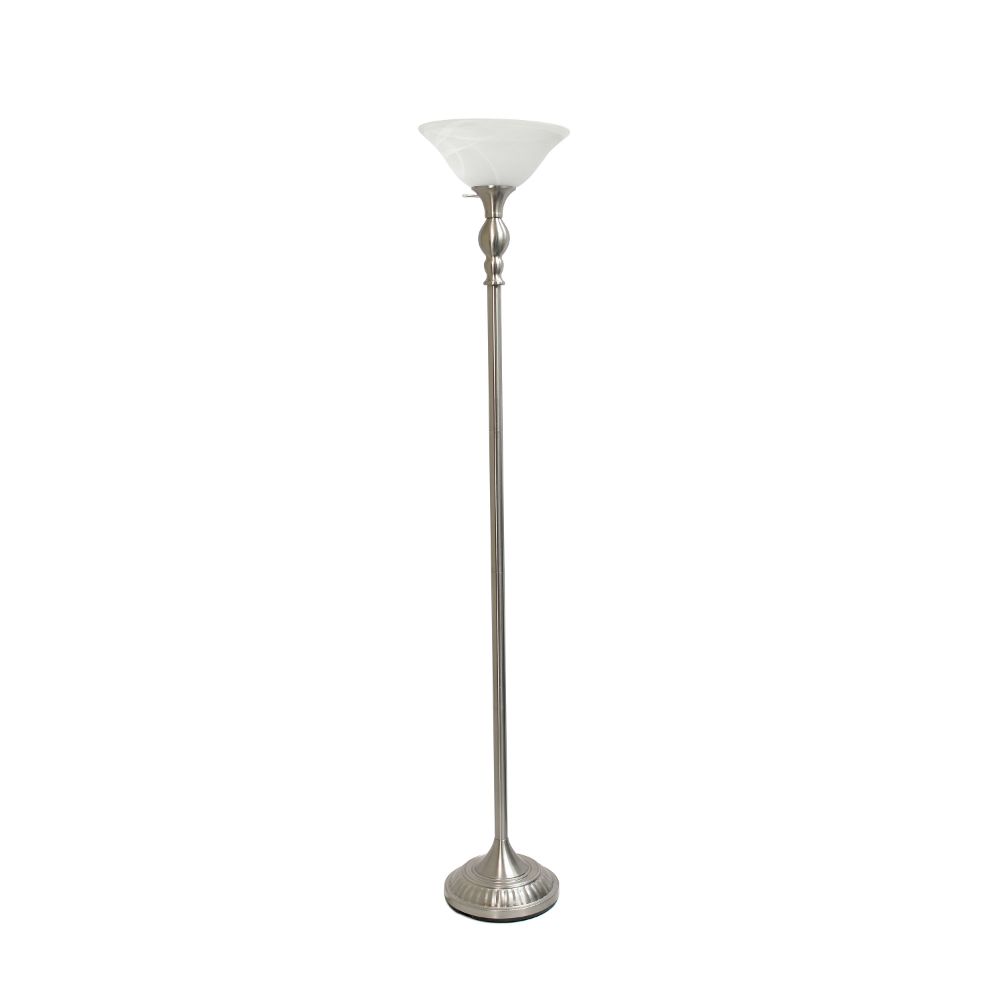 All The Rages LHF-3001-BN Lalia Home Classic 1 Light Torchiere Floor Lamp with Marbleized Glass Shade in Brushed Nickel / White