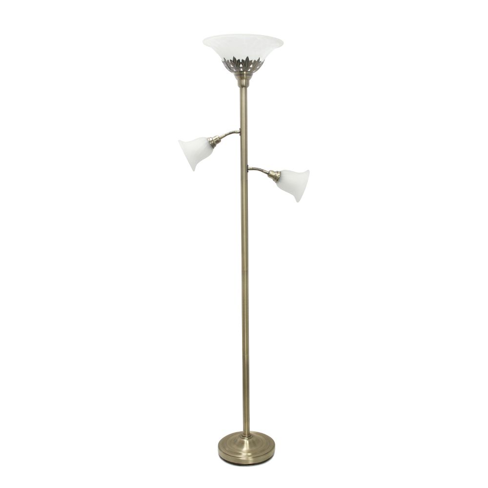 All The Rages LHF-3002-AB Lalia Home Torchiere Floor Lamp with 2 Reading Lights and Scalloped Glass Shades in Antique Brass / White