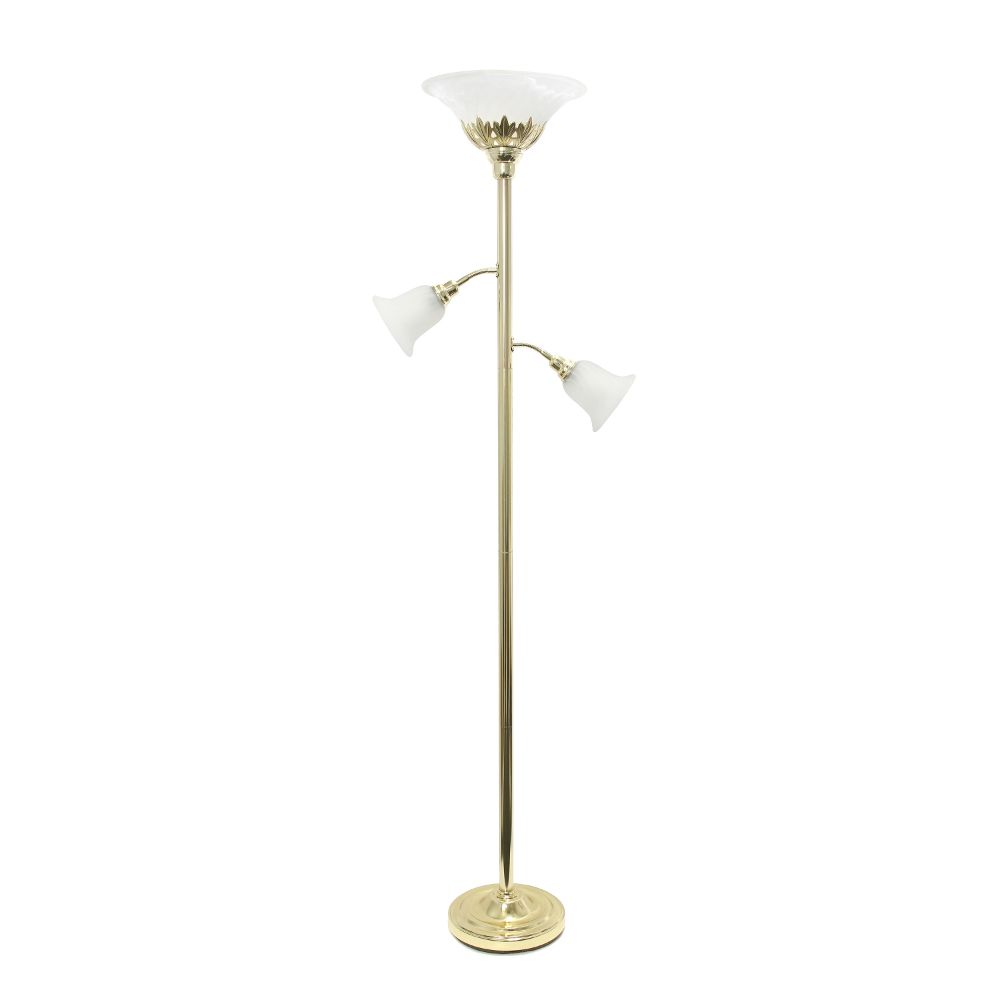 All The Rages LHF-3002-GL Lalia Home Torchiere Floor Lamp with 2 Reading Lights and Scalloped Glass Shades in Gold / White