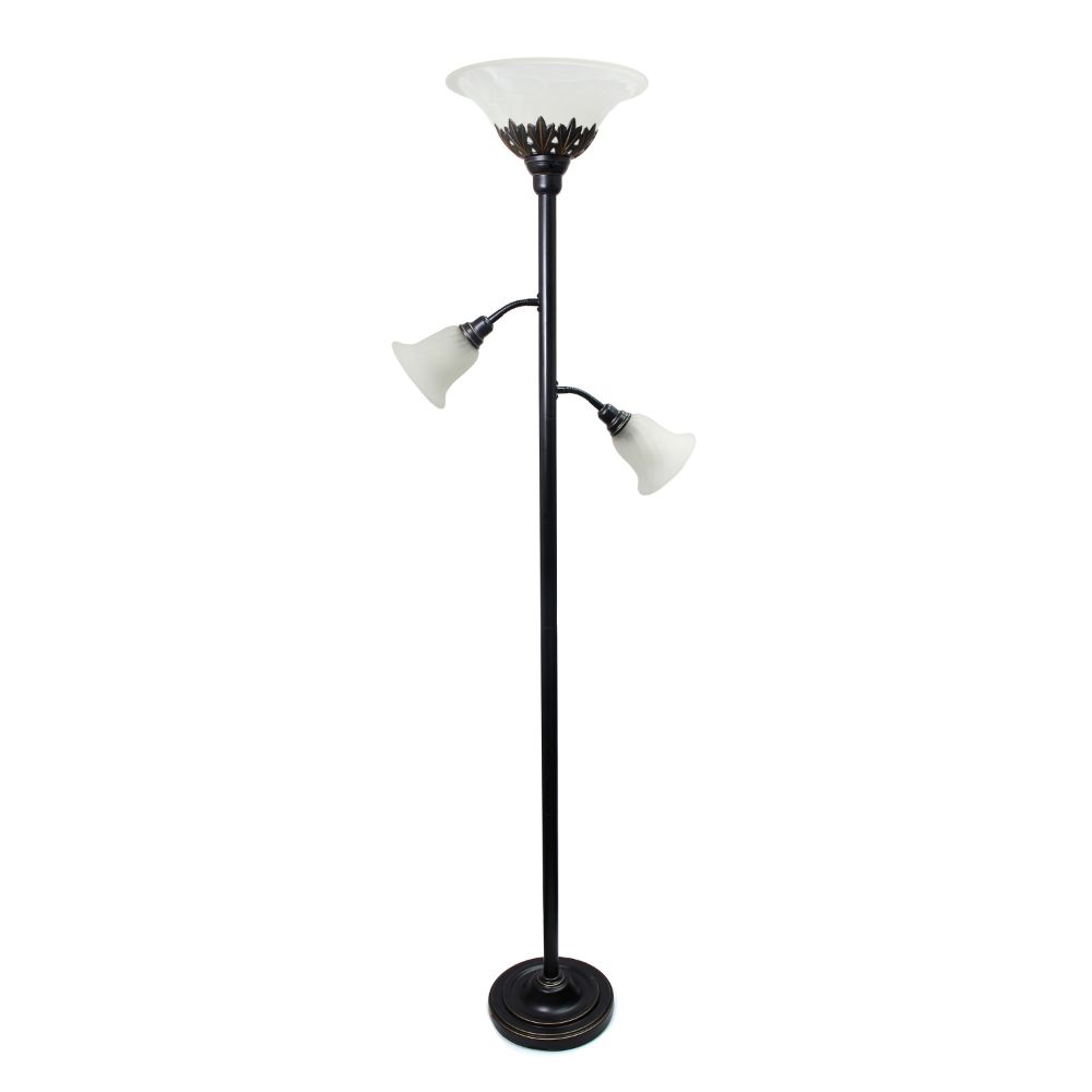 All The Rages LHF-3002-RB Lalia Home Torchiere Floor Lamp with 2 Reading Lights and Scalloped Glass Shades in Restoration Bronze / White