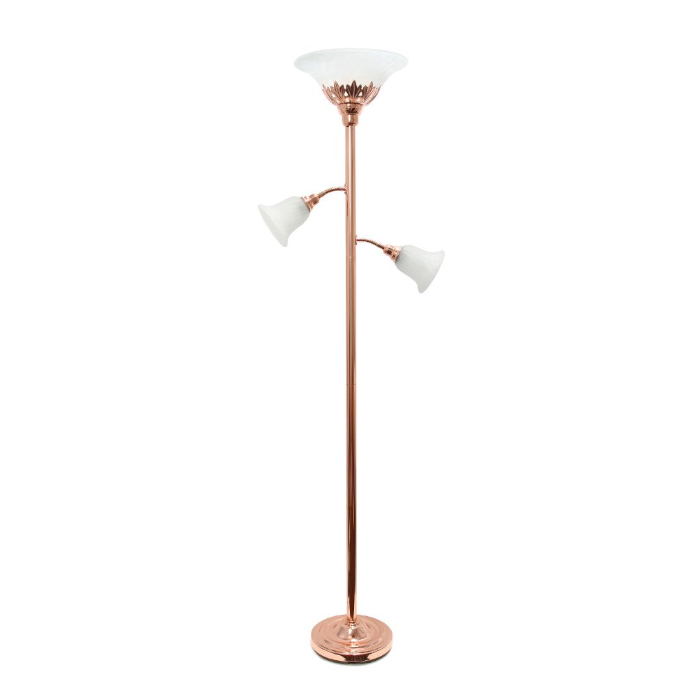 All The Rages LHF-3002-RG Lalia Home Torchiere Floor Lamp with 2 Reading Lights and Scalloped Glass Shades in Rose Gold / White