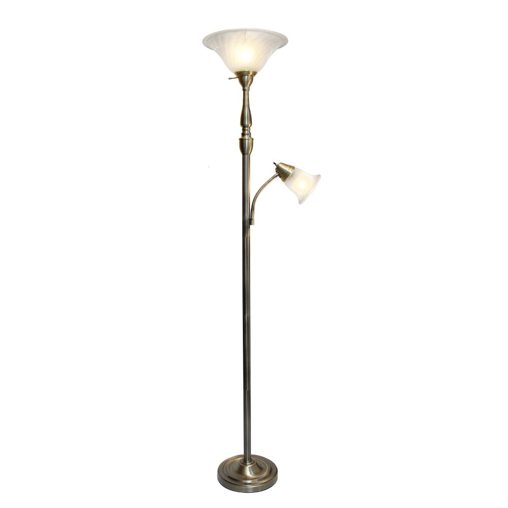 All The Rages LHF-3003-AB Lalia Home Torchiere Floor Lamp with Reading Light and Marble Glass Shades in Antique Brass / White