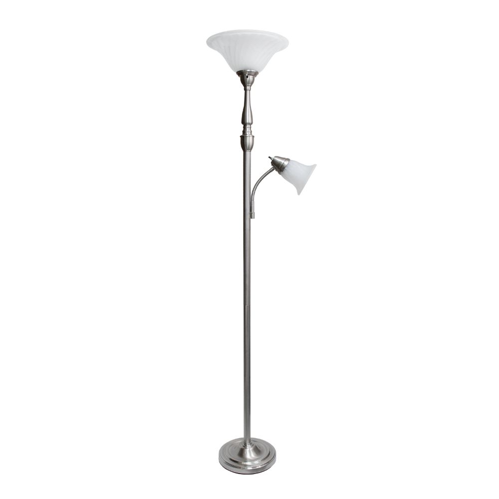 All The Rages LHF-3003-BN Lalia Home Torchiere Floor Lamp with Reading Light and Marble Glass Shades in Brushed Nickel / White
