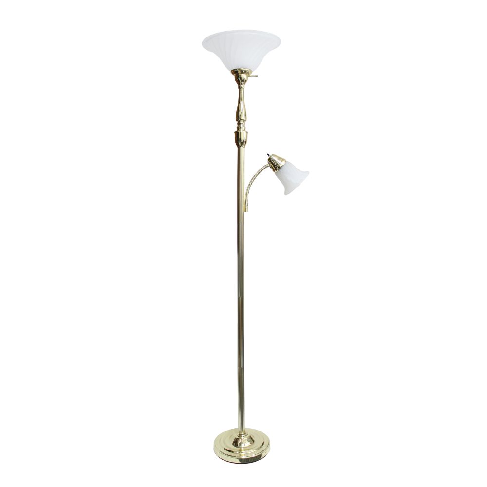 All The Rages LHF-3003-GL Lalia Home Torchiere Floor Lamp with Reading Light and Marble Glass Shades in Gold / White