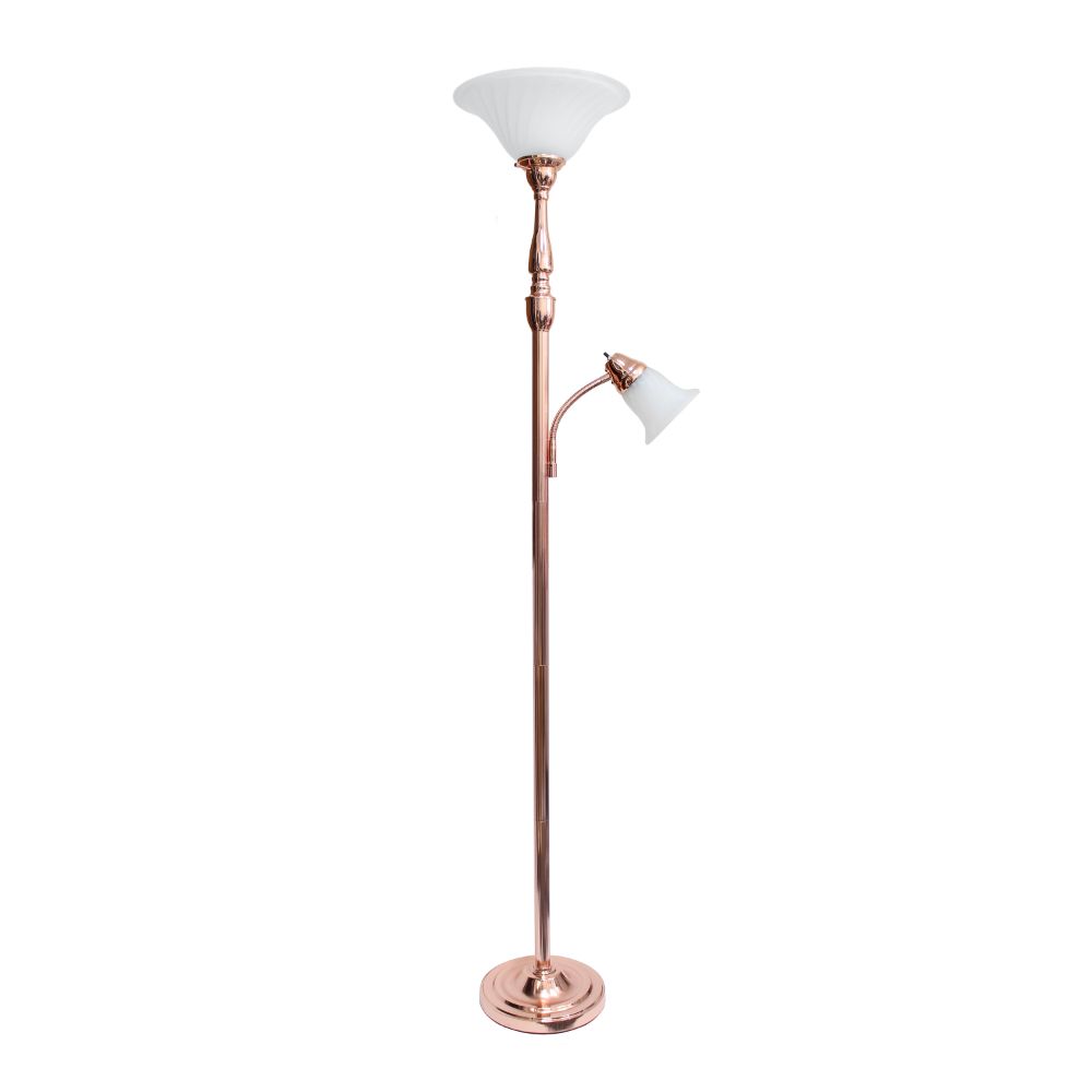 All The Rages LHF-3003-RG Lalia Home Torchiere Floor Lamp with Reading Light and Marble Glass Shades in Rose Gold / White