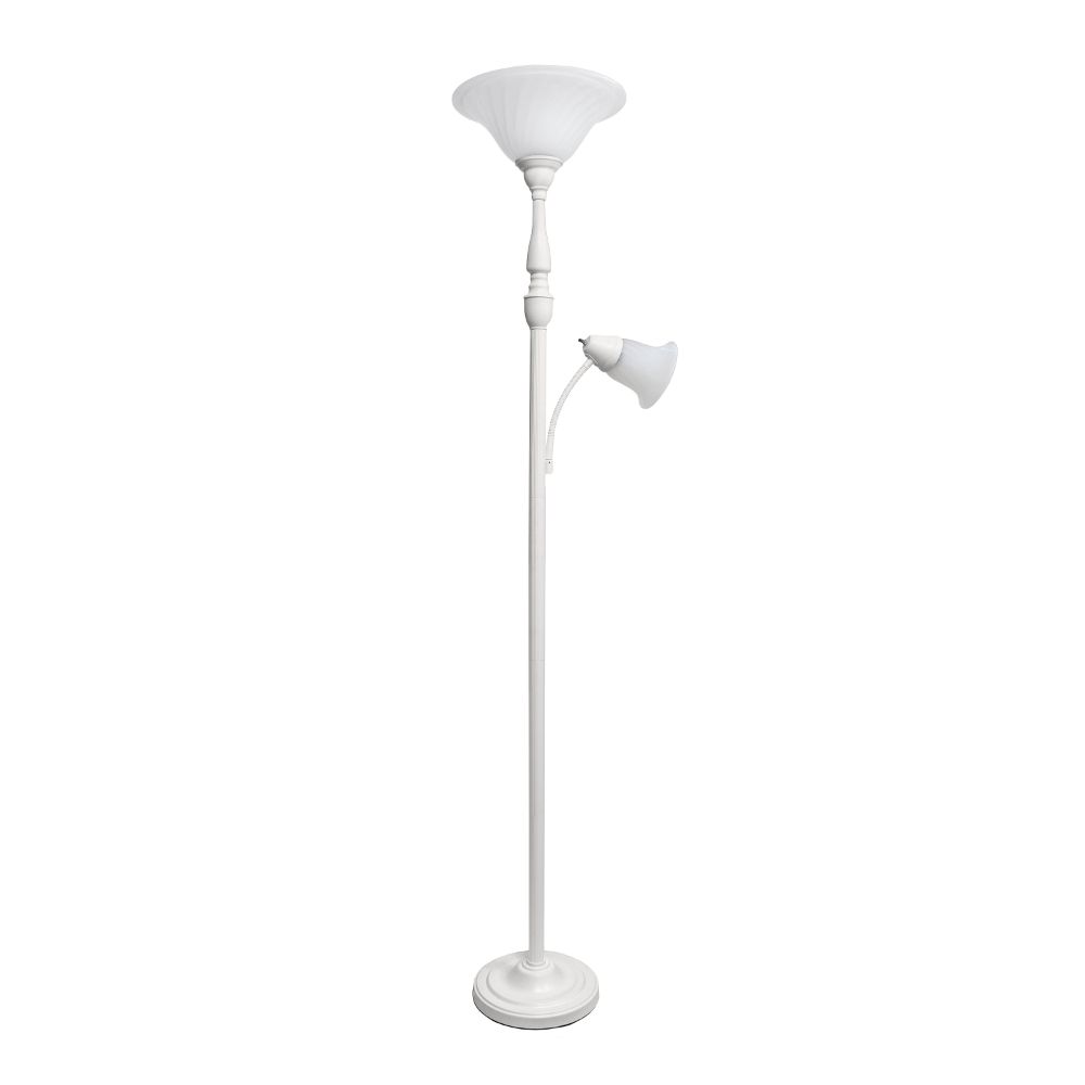 All The Rages LHF-3003-WH Lalia Home Torchiere Floor Lamp with Reading Light and Marble Glass Shades in White