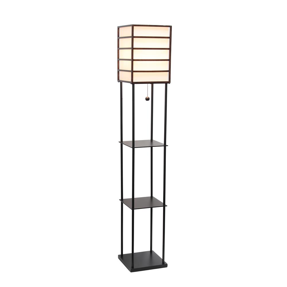 All The Rage LHF-5055-DW Lalia Home 1 Light Metal Etagere Floor Lamp with Storage Shelves and Linen Shade, Dark Wood