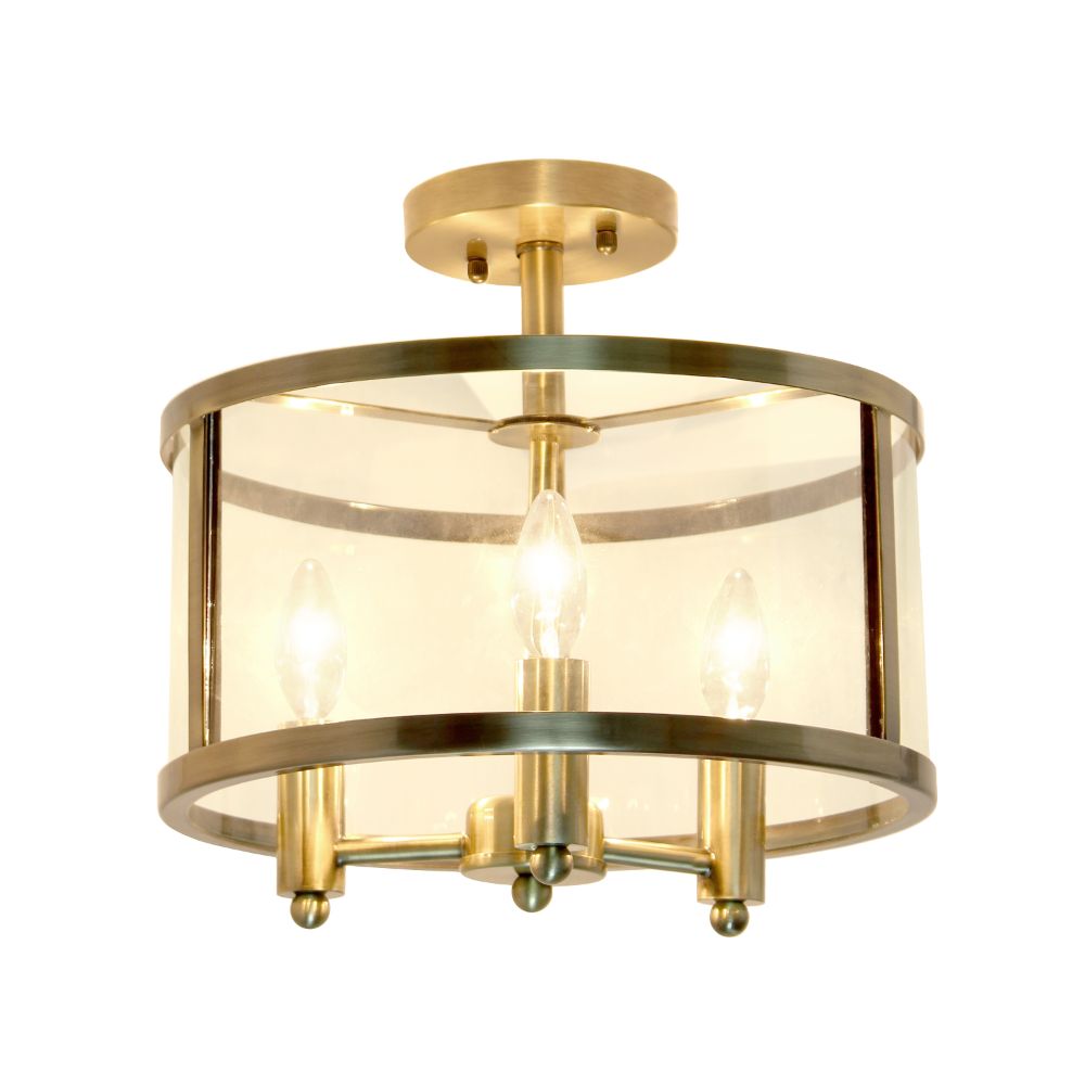 All The Rages LHM-1000-AB 3-Light 13" Industrial Farmhouse Glass and Metallic Accented Semi-flushmount, Antique Brass