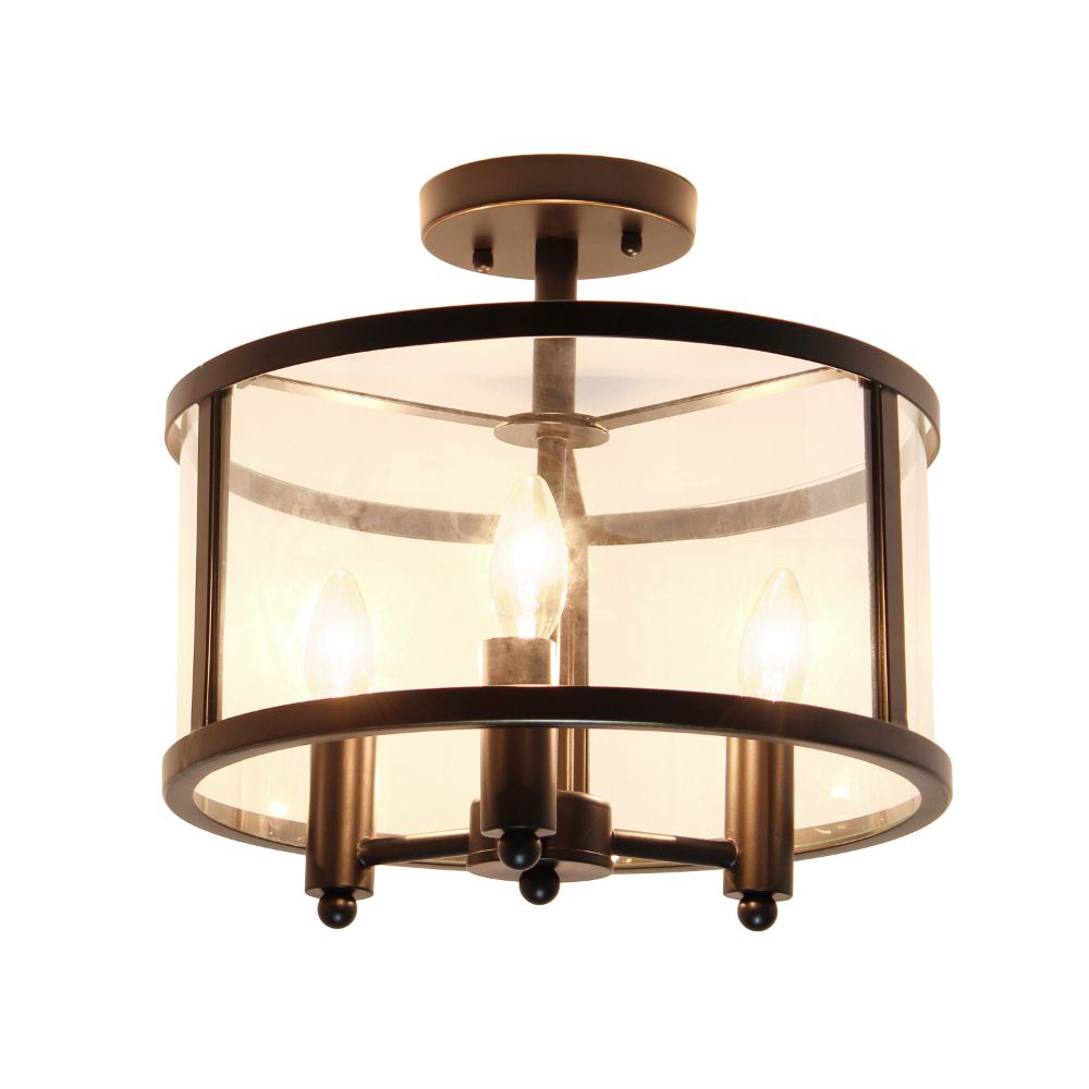 All The Rages LHM-1000-BK 3-Light 13" Industrial Farmhouse Glass and Metallic Accented Semi-flushmount, Matte Black