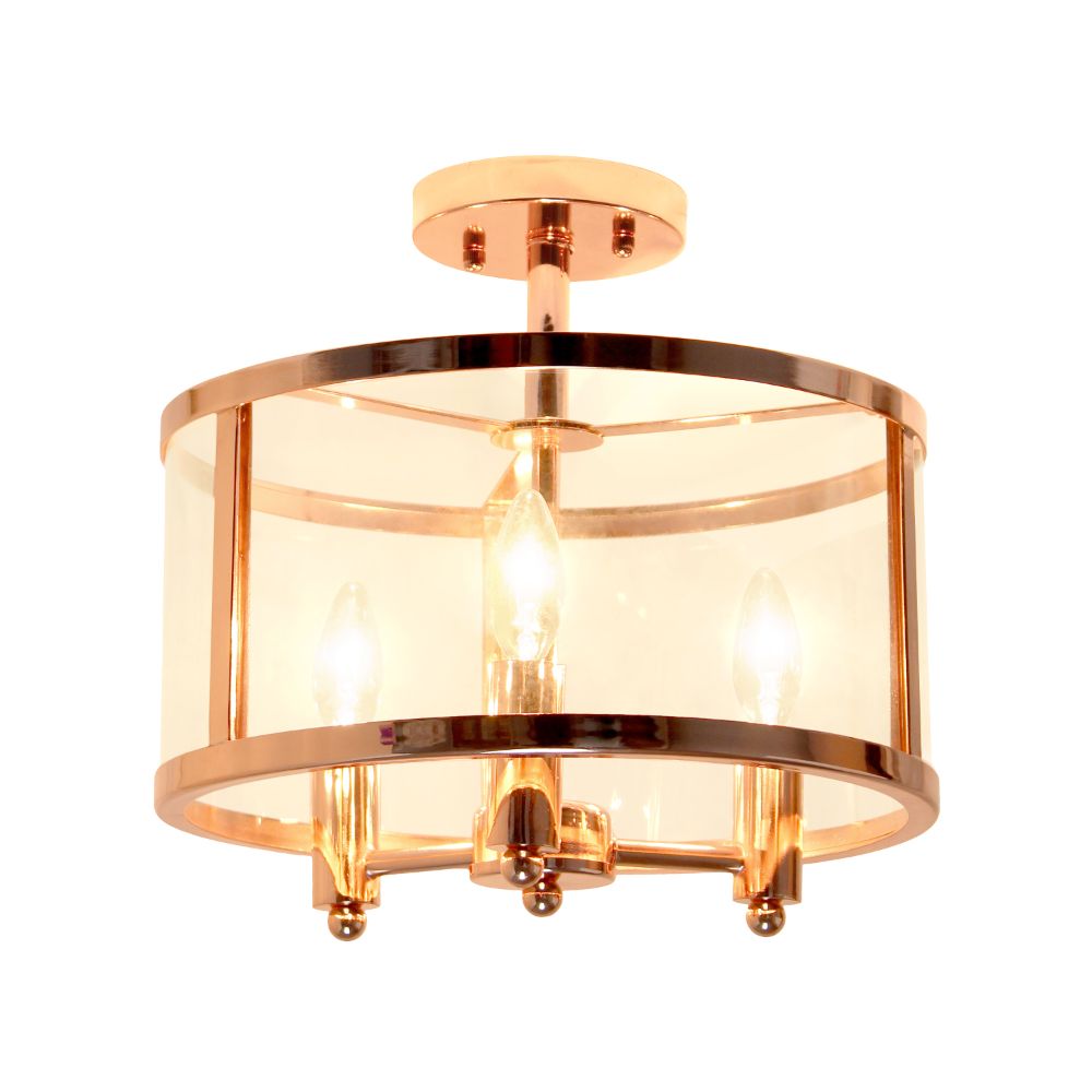 All The Rages LHM-1000-RG 3-Light 13" Industrial Farmhouse Glass and Metallic Accented Semi-flushmount, Rose Gold
