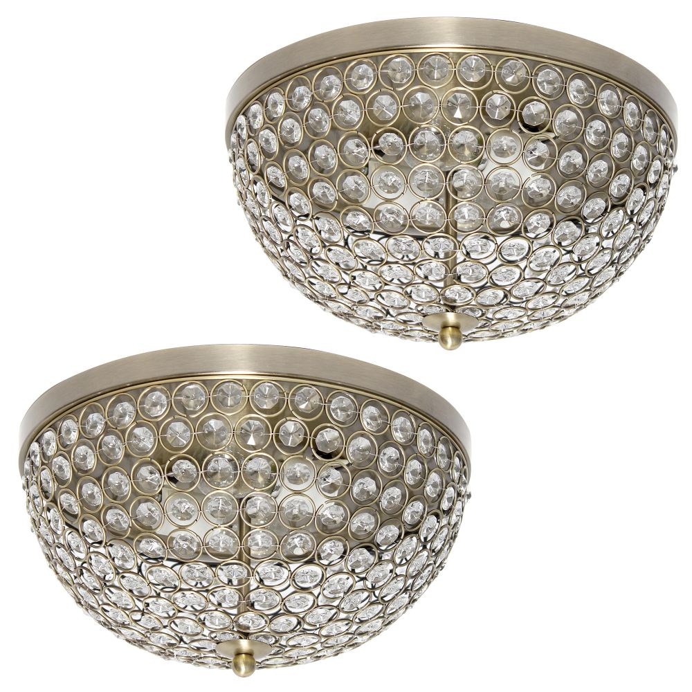 All The Rages LHM-2000-AB-2PK Lalia Home 13" Classix Crystal Glam Two Light Decorative Dome Shaped Metal Flush Mount Ceiling Fixture Set of 2 